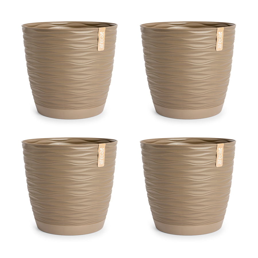 Areca Wind - Set de 4 Macetas Decorativas Redondas 15 cm con Platos Integrados. Taupe