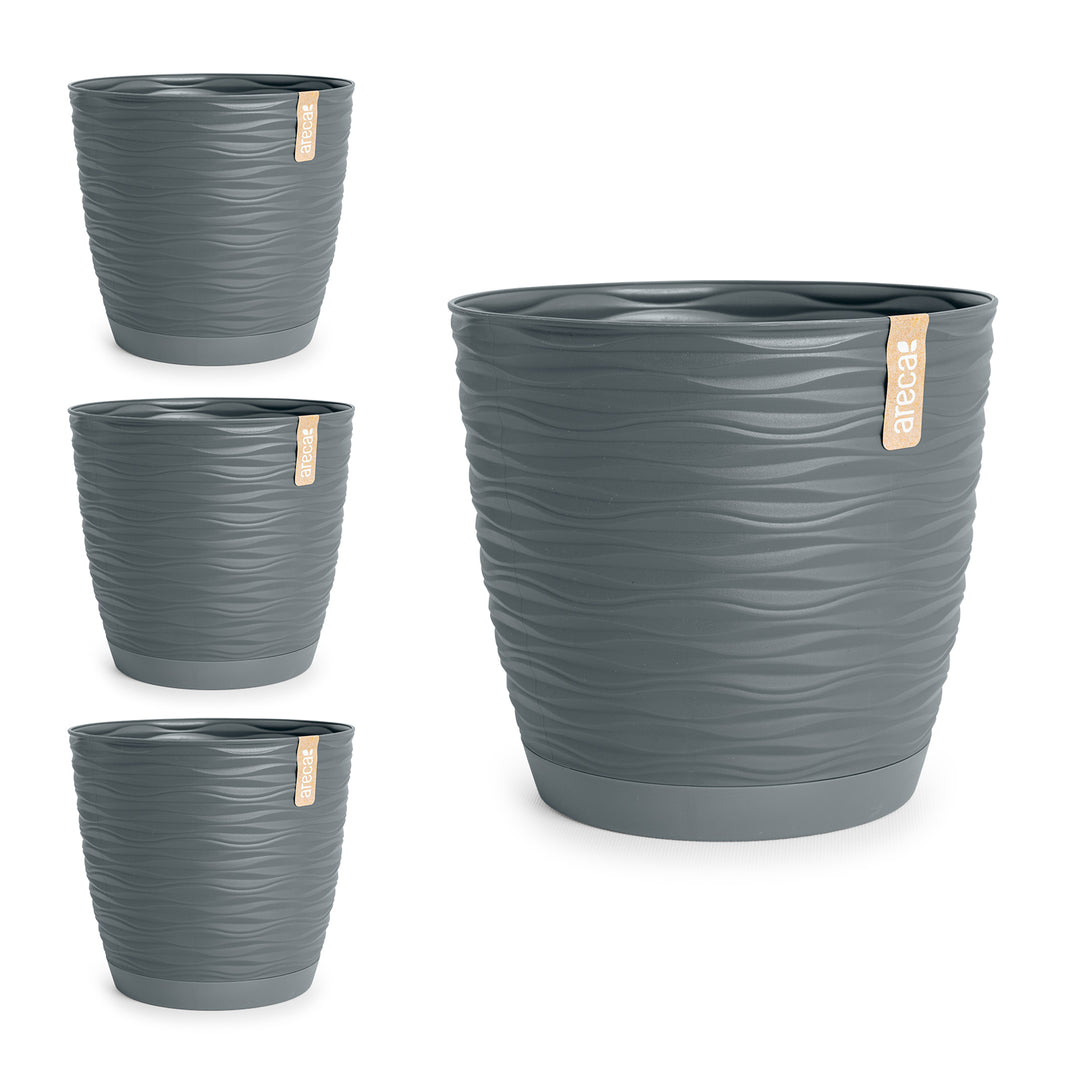 Areca Wind - Set de 4 Macetas Decorativas Redondas 23 cm con Platos Integrados. Gris