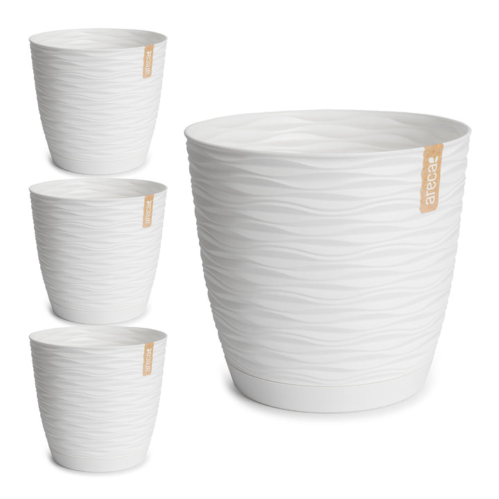 Areca Wind - Set de 4 Macetas Decorativas Redondas 27 cm con Platos Integrados. Blanco