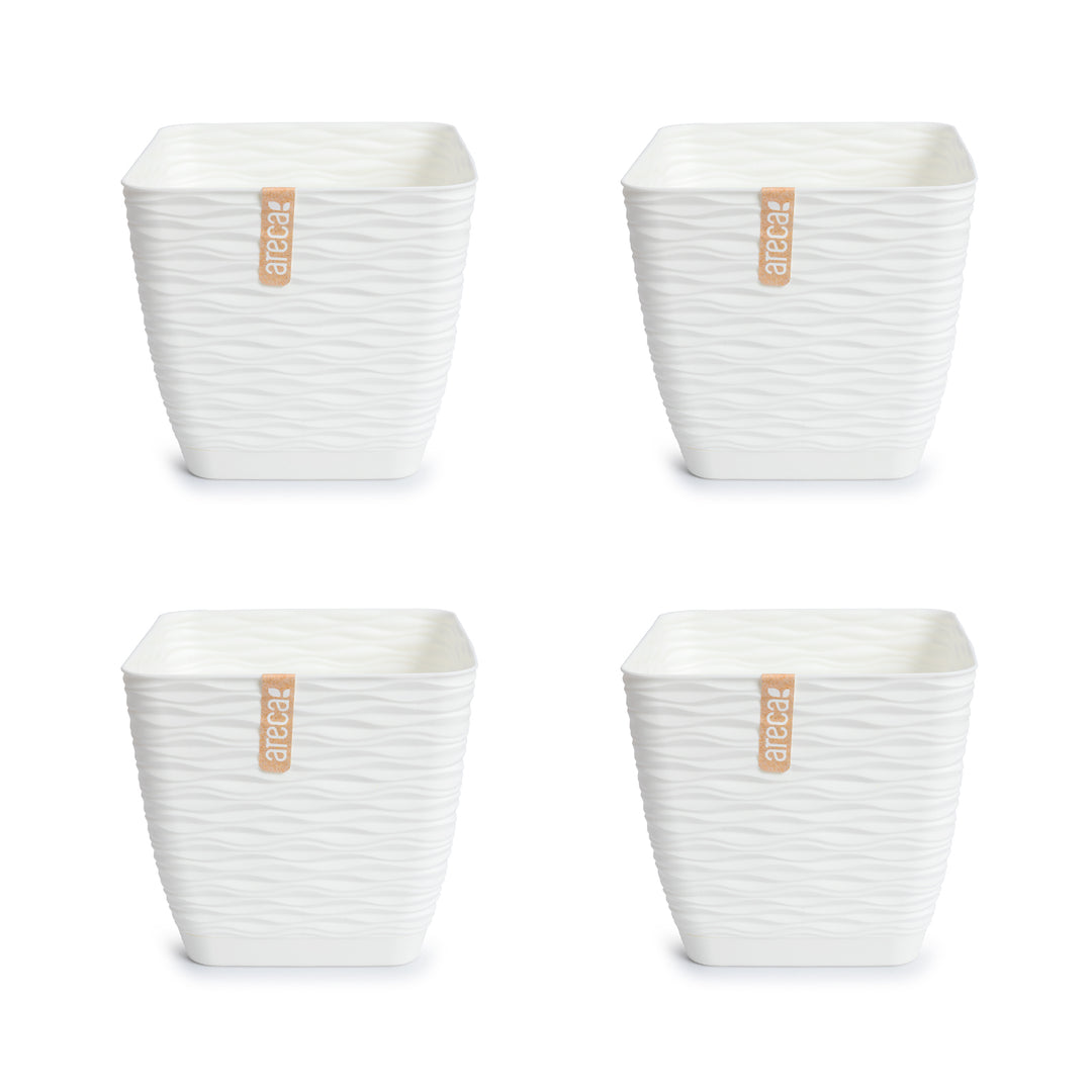 Areca Wind - Set de 4 Macetas Decorativas Cuadradas 13 cm con Platos Integrados. Blanco Roto