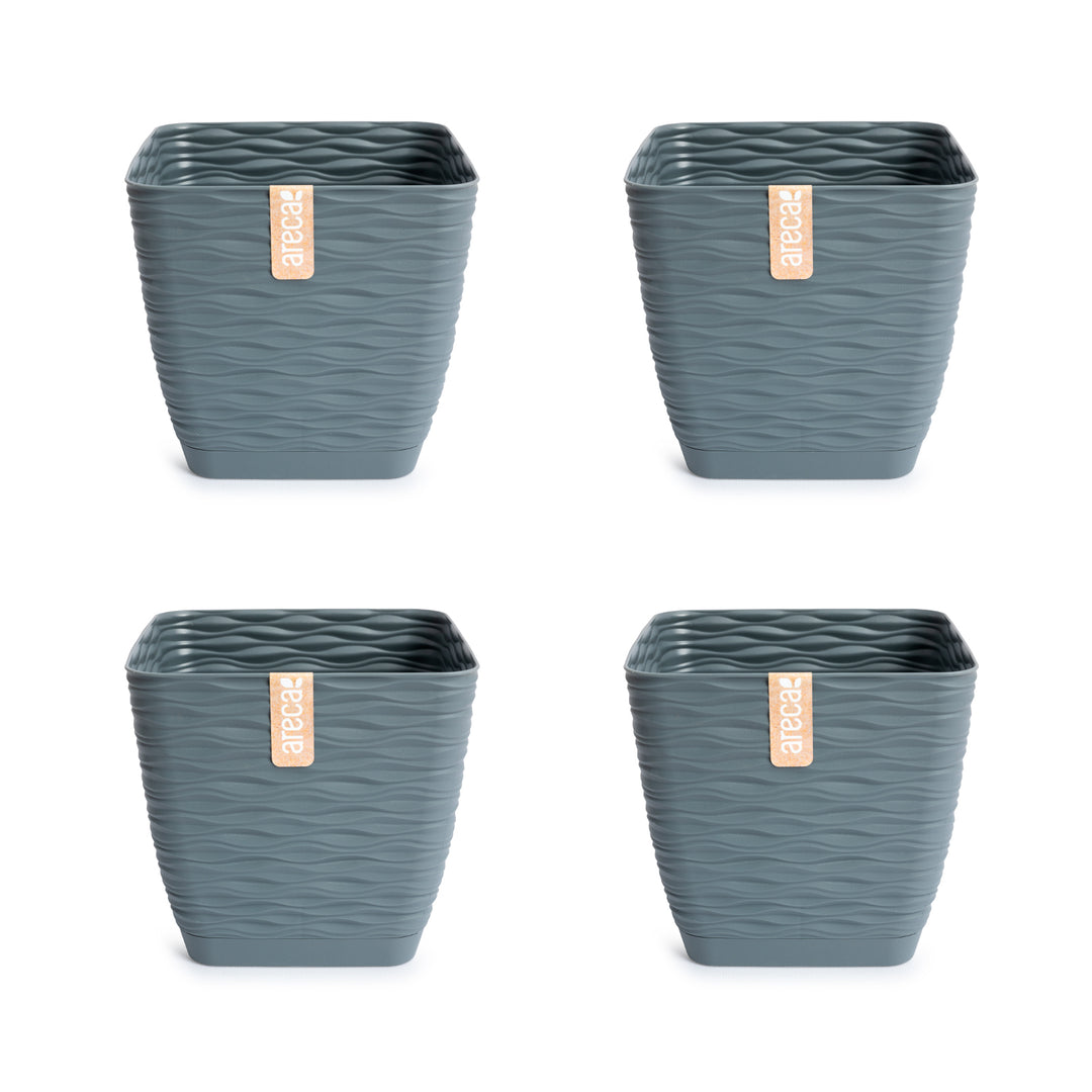 Areca Wind - Set de 4 Macetas Decorativas Cuadradas 13 cm con Platos Integrados. Gris