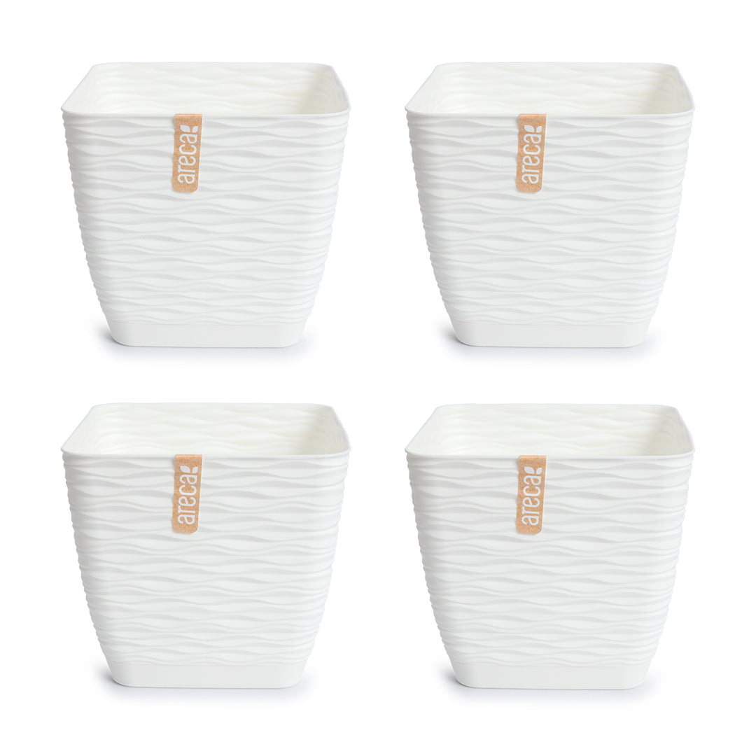 Areca Wind - Set de 4 Macetas Decorativas Cuadradas 15 cm con Platos Integrados. Blanco Roto