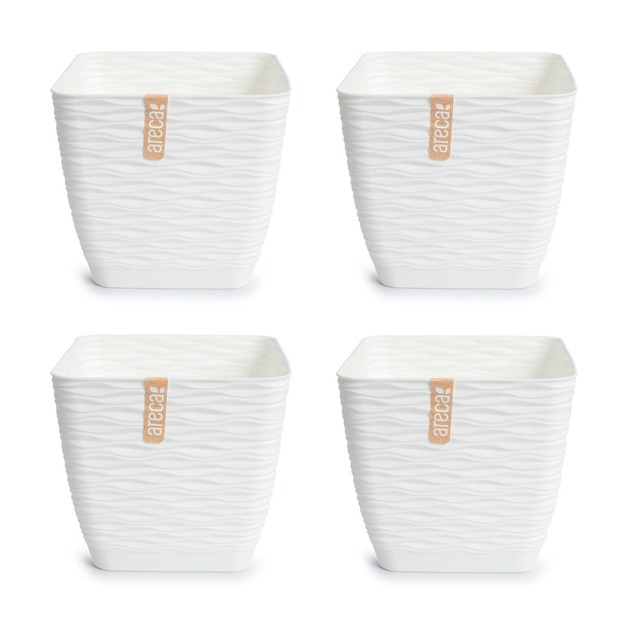 Areca Wind - Set de 4 Macetas Decorativas Cuadradas 15 cm con Platos Integrados. Blanco Roto