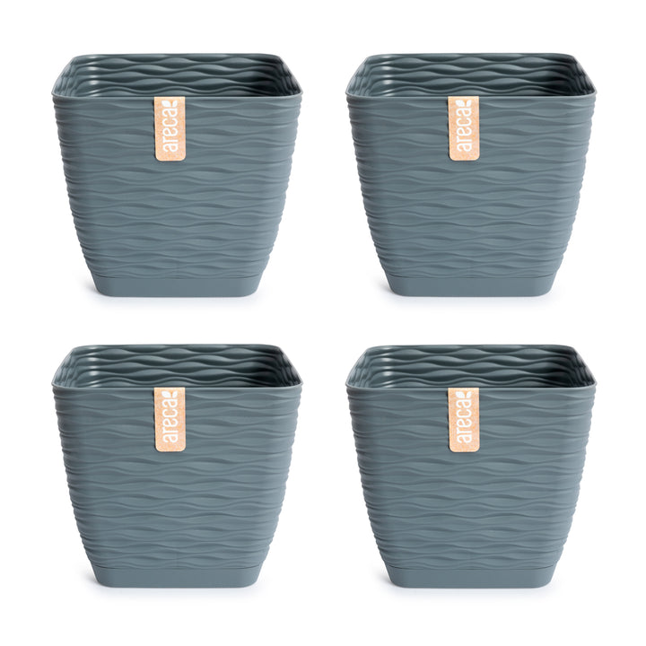 Areca Wind - Set de 4 Macetas Decorativas Cuadradas 15 cm con Platos Integrados. Gris