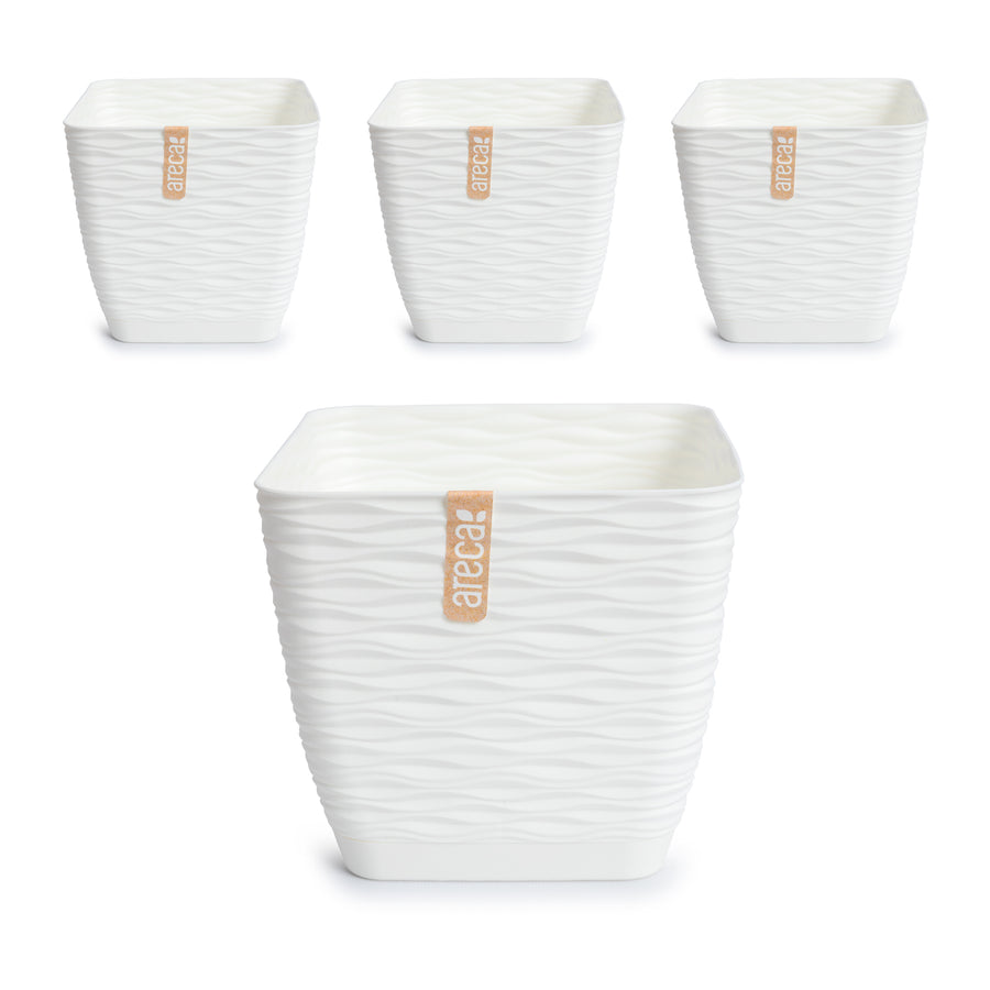 Areca Wind - Set de 4 Macetas Decorativas Cuadradas 17 cm con Platos Integrados. Blanco Roto