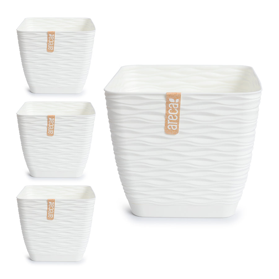 Areca Wind - Set de 4 Macetas Decorativas Cuadradas 19 cm con Platos Integrados. Blanco Roto