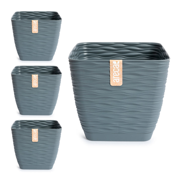 Areca Wind - Set de 4 Macetas Decorativas Cuadradas 19 cm con Platos Integrados. Gris