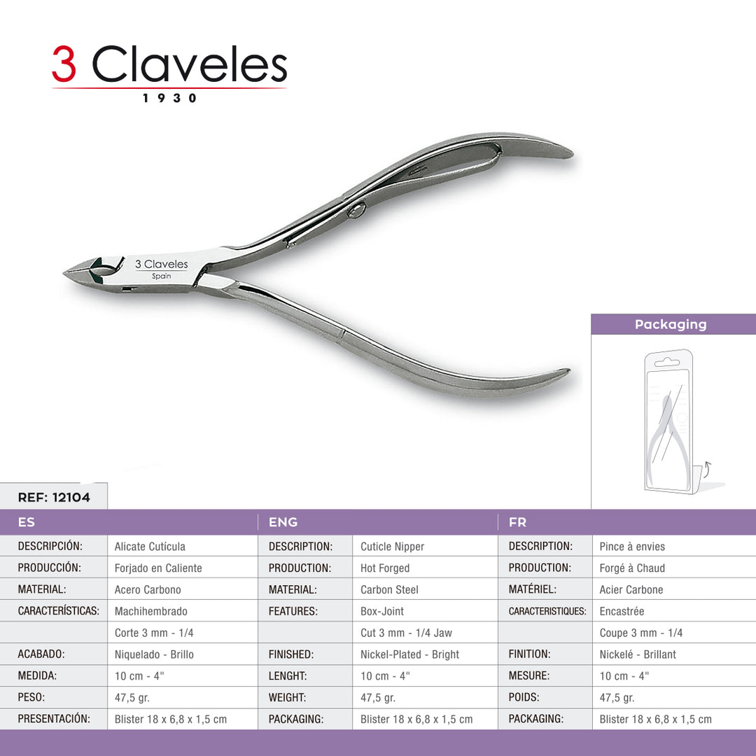 3 Claveles - Alicate Cutículas Mach. 10 cm Corte 3 mm. Acero al Carbono Forjado en Caliente