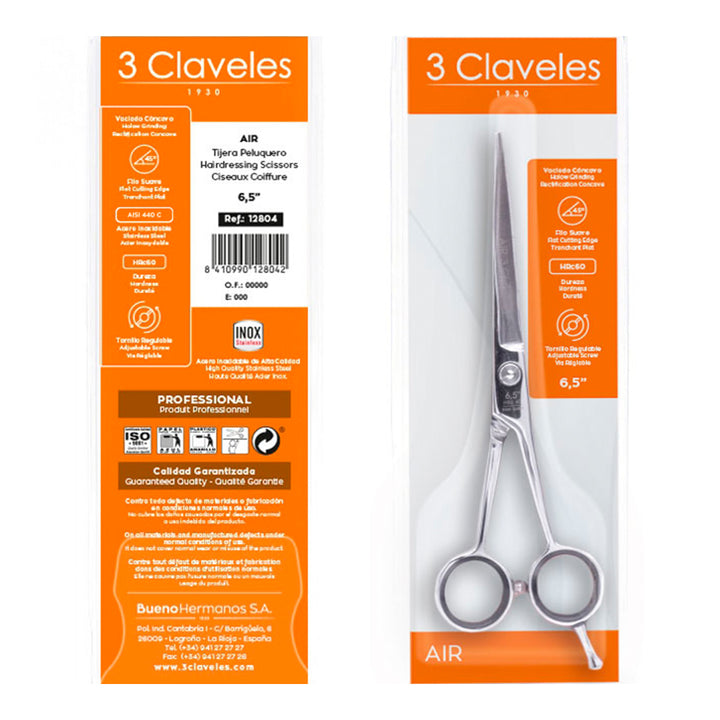 3 Claveles Air - Tijera Profesional Peluquero 6.5" Acero Inox. Filo Suave Forjado en Caliente
