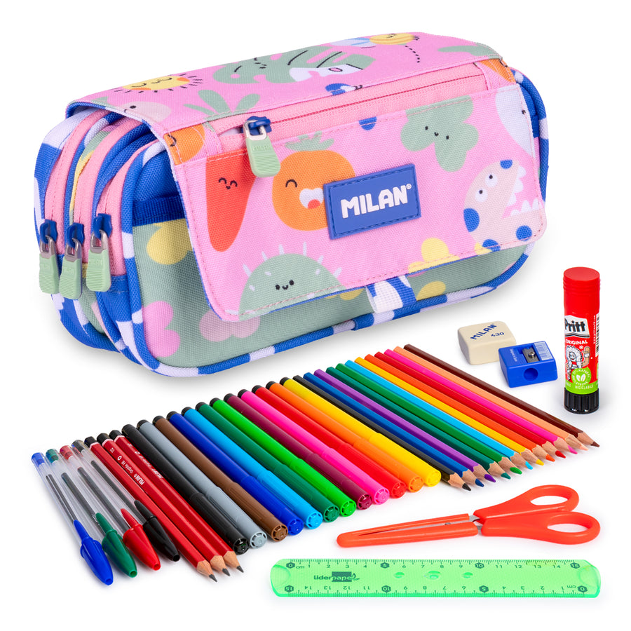 ColePack ECO Milan - Estuche Triple de 3 Cremalleras y Material Escolar Incluido. Green Grow