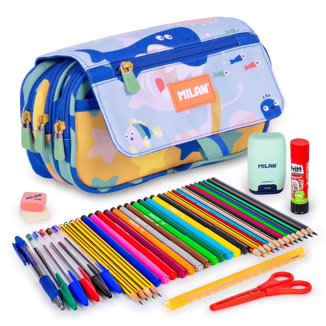 ColePack PRO Milan - Estuche Triple de 3 Cremalleras y Material Escolar Incluido. Blue Odyssey