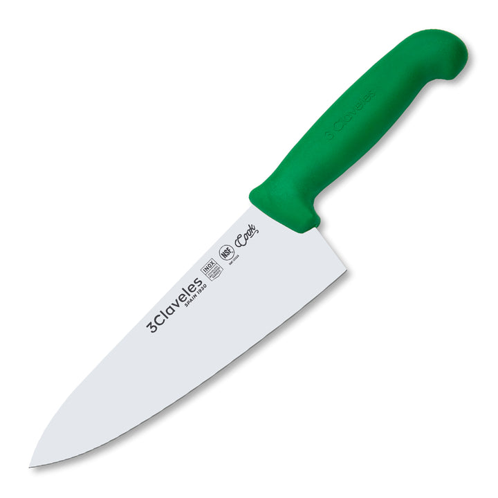 3 Claveles COOK - Cuchillo Cocinero Profesional de 20 cm. Mango Ergonómico NSF. Verde