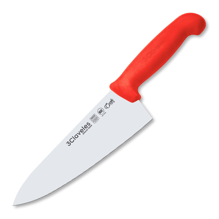 3 Claveles COOK - Cuchillo Cocinero Profesional de 20 cm. Mango Ergonómico NSF. Rojo