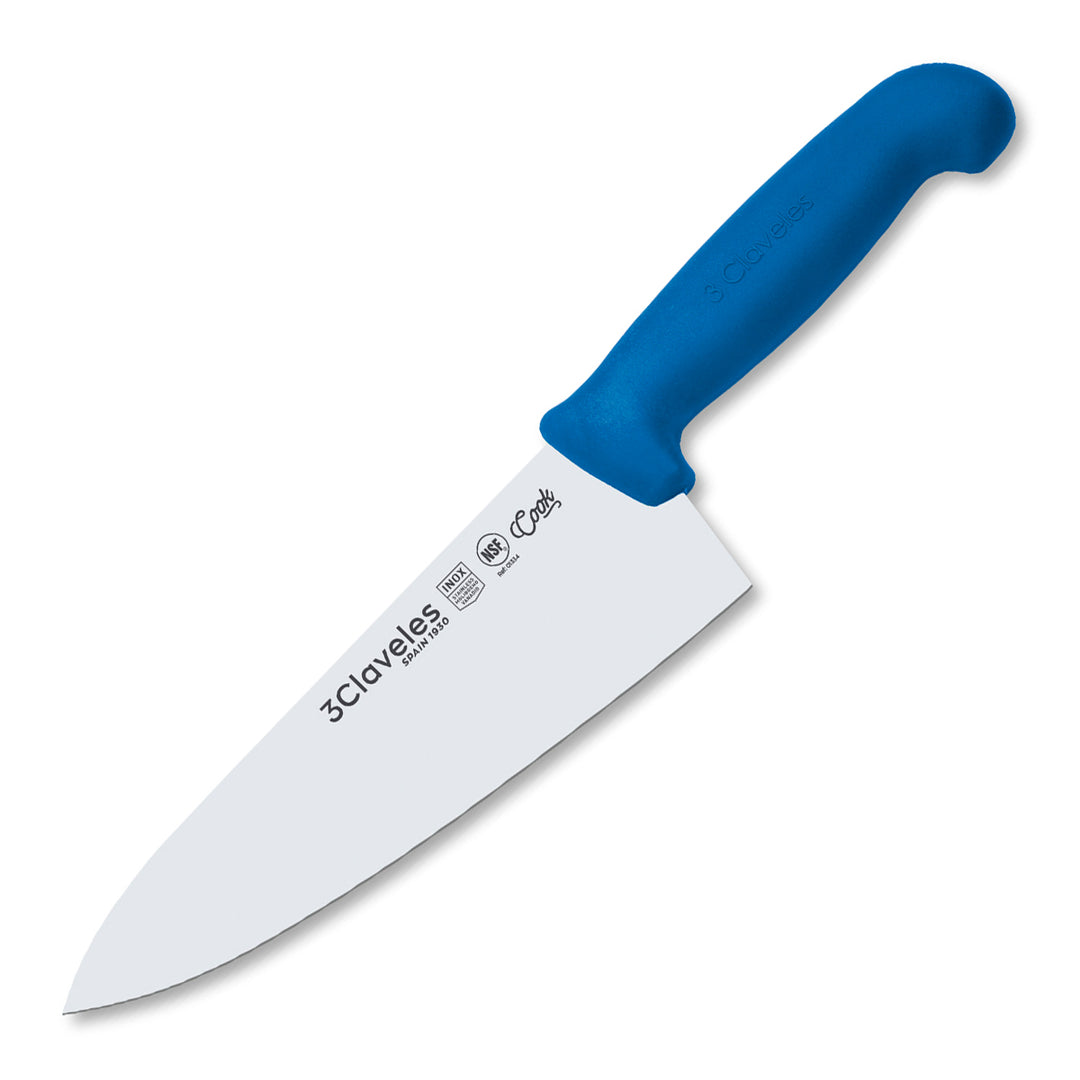 3 Claveles COOK - Cuchillo Cocinero Profesional de 20 cm. Mango Ergonómico NSF. Azul