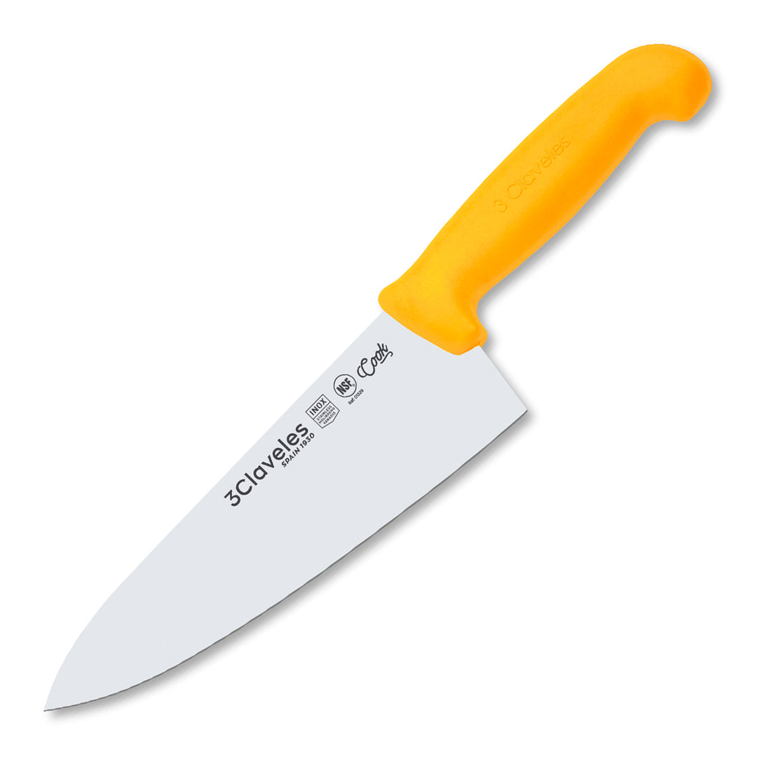 3 Claveles COOK - Cuchillo Cocinero Profesional de 20 cm. Mango Ergonómico NSF. Amarillo