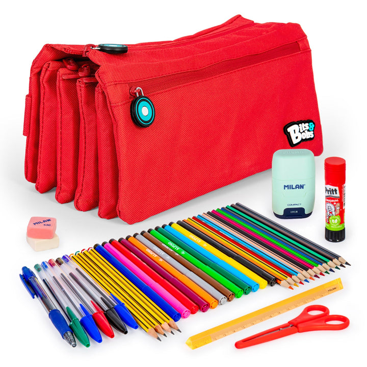 ColePack BitsBobs - Estuche Escolar Cuádruple de 4 Cremalleras y Material Incluido. Rojo