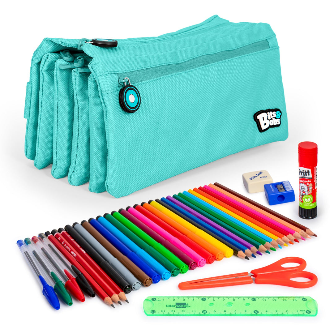 ColePack Eco36 - Estuche Cuadruple de 4 Cremalleras con Material Escolar Incluido. Azul Claro