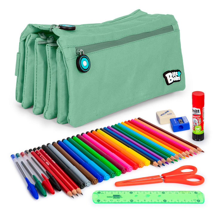 ColePack Eco36 - Estuche Cuadruple de 4 Cremalleras con Material Escolar Incluido. Mint Soft