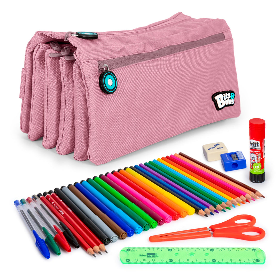 ColePack Eco36 - Estuche Cuadruple de 4 Cremalleras con Material Escolar Incluido. Rosa Soft