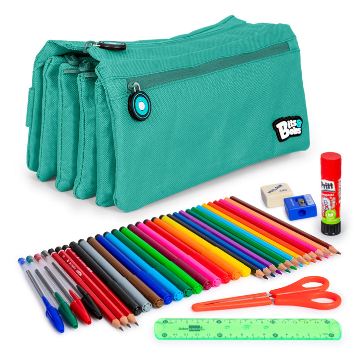 ColePack Eco36 - Estuche Cuadruple de 4 Cremalleras con Material Escolar Incluido. Turquesa