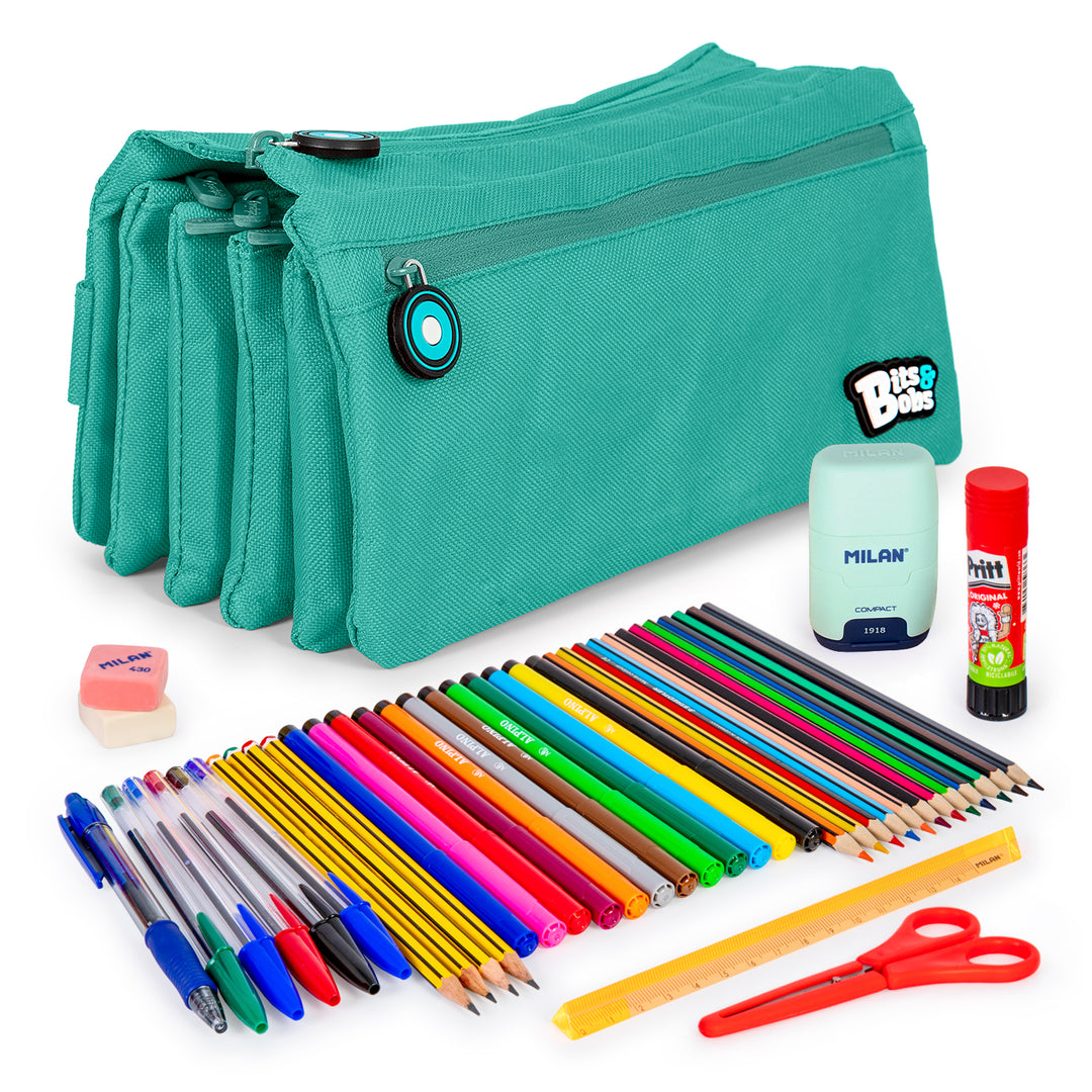 ColePack BitsBobs - Estuche Escolar Cuádruple de 4 Cremalleras y Material Incluido. Turquesa