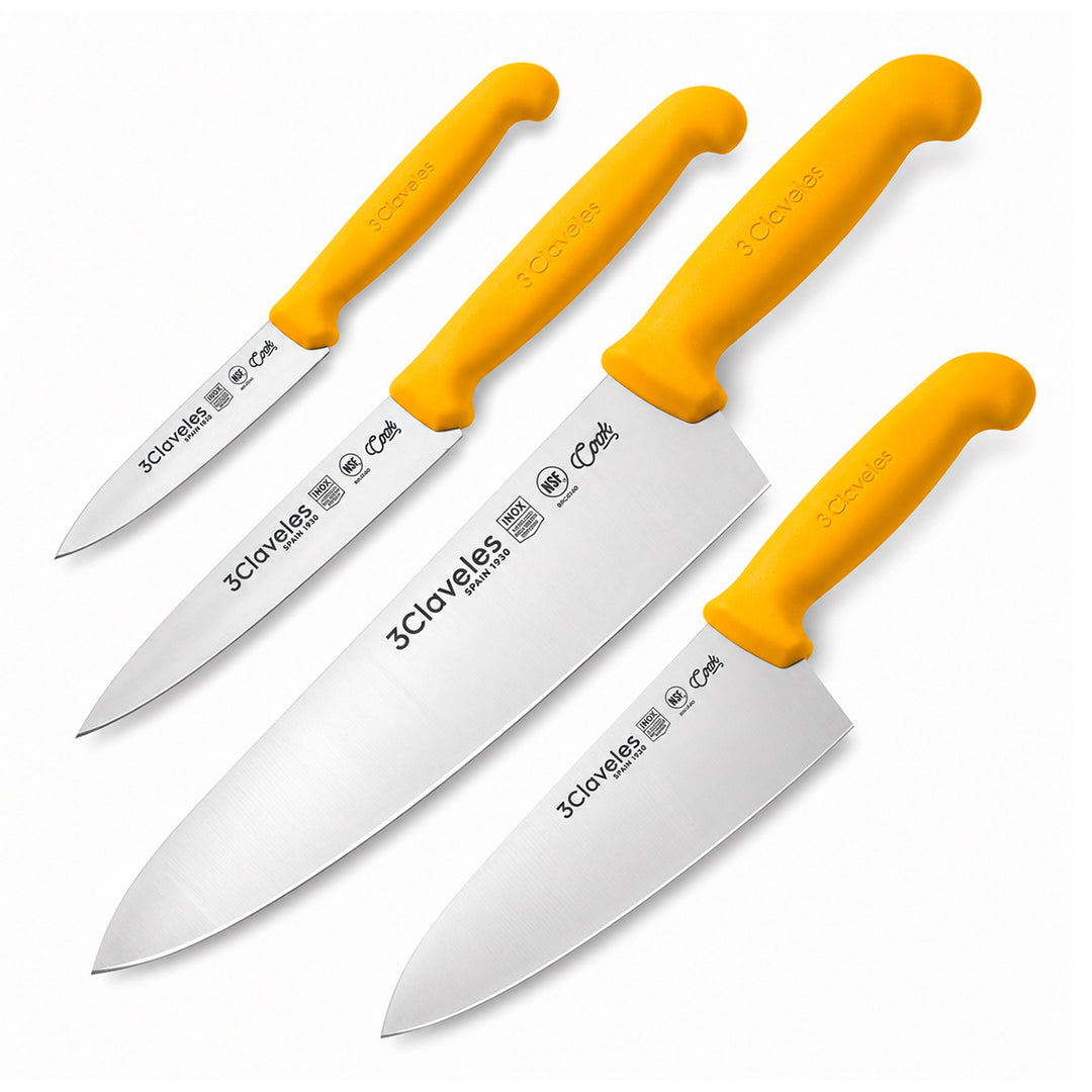 3 Claveles COOK - Juego de 4 Cuchillos Profesionales Cocinero Ergonomicos NSF. Amarillo