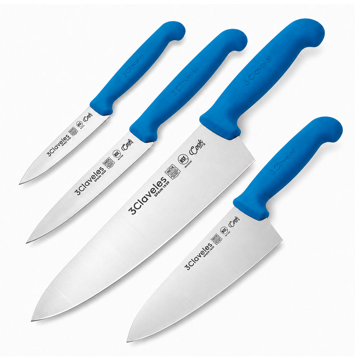 3 Claveles COOK - Juego de 4 Cuchillos Profesionales Cocinero Ergonomicos NSF. Azul