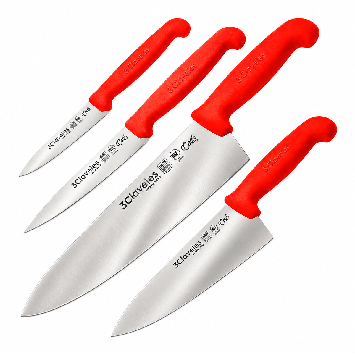 3 Claveles COOK - Juego de 4 Cuchillos Profesionales Cocinero Ergonomicos NSF. Rojo