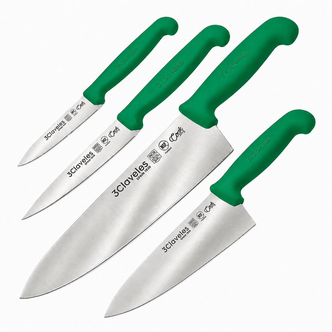 3 Claveles COOK - Juego de 4 Cuchillos Profesionales Cocinero Ergonomicos NSF. Verde