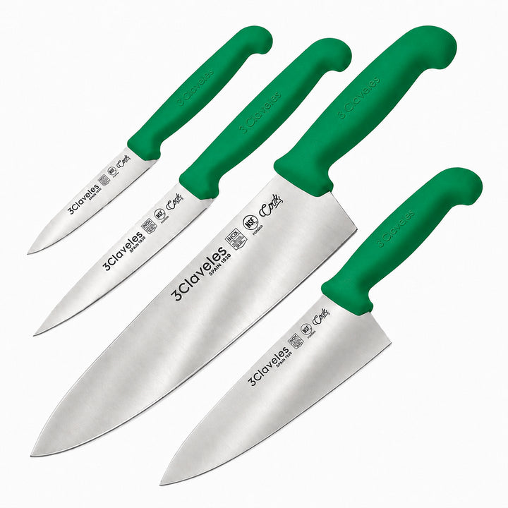 3 Claveles COOK - Juego de 4 Cuchillos Profesionales Cocinero Ergonomicos NSF. Verde
