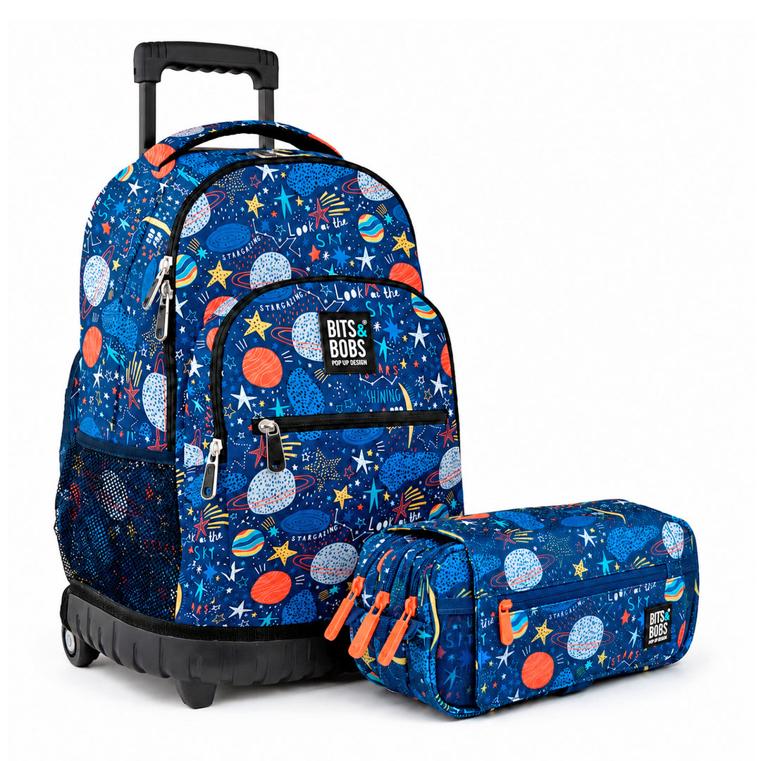 Grafoplás Design - Kit de Estuche y Mochila Escolar con Carrito Integrado. Planets