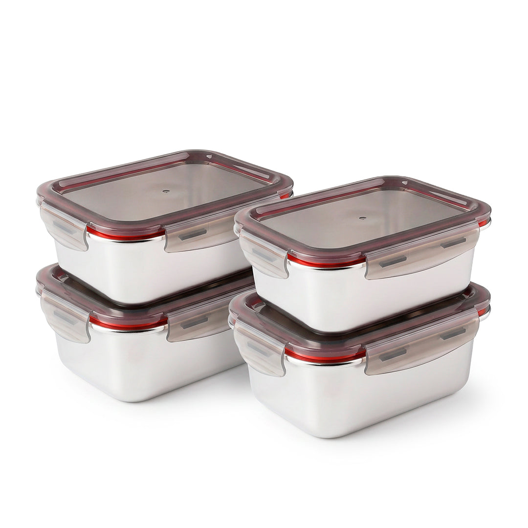 LACOR EcoInox - Lote de 4 Recipientes Rectangulares de 0.5L en Acero Inoxidable Apto Microondas