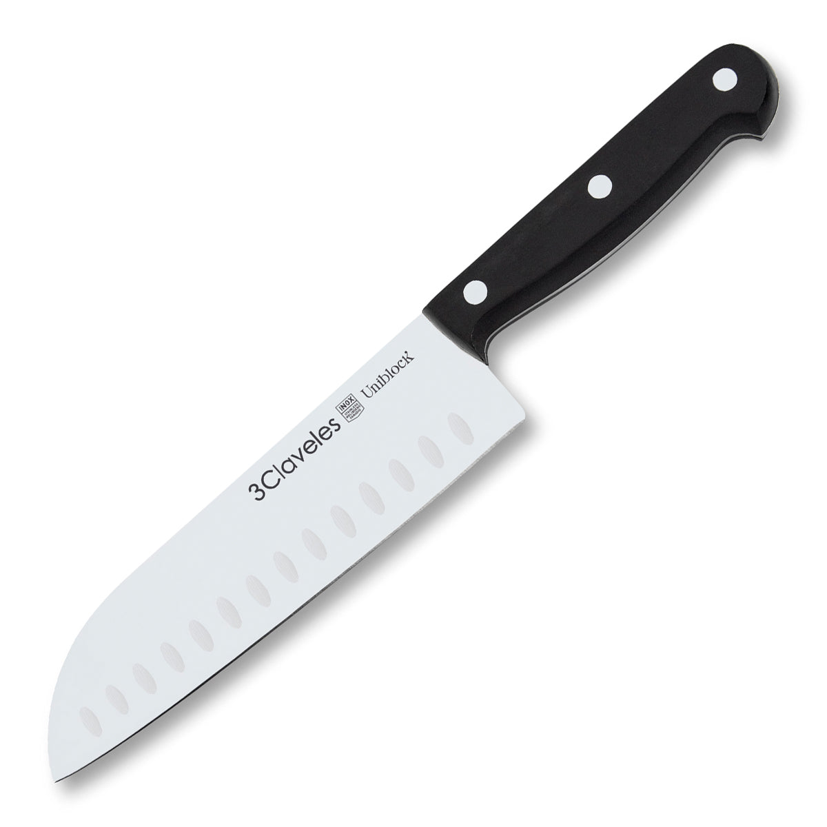 3 Claveles Uniblock - Cuchillo Santoku Alveolado Profesional 18 cm Acero Inoxidable