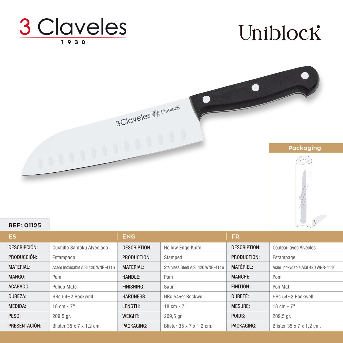 3 Claveles Uniblock - Cuchillo Santoku Alveolado Profesional 18 cm Acero Inoxidable