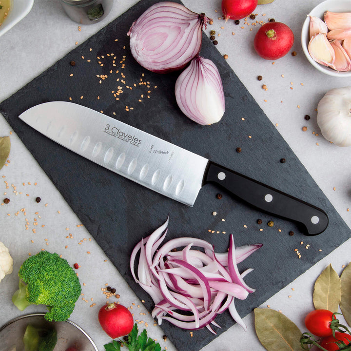 3 Claveles Uniblock - Cuchillo Santoku Alveolado Profesional 18 cm Acero Inoxidable