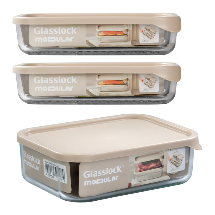 Glasslock Modular - Lote de 3 Recipientes de 1.2L y 1.7L en Vidrio Templado para Nevera