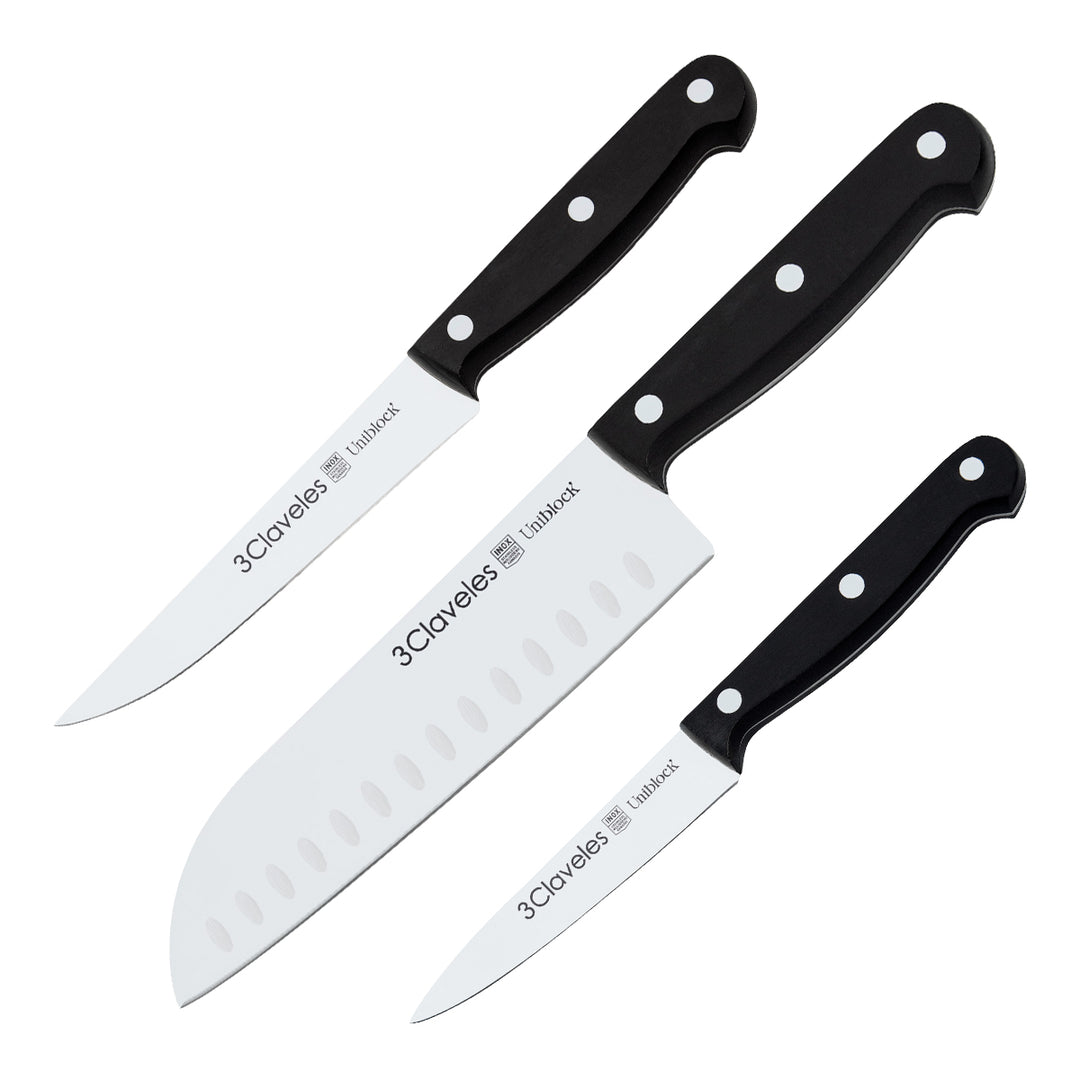 3 Claveles Uniblock - Juego de 3 Cuchillos Profesionales Gama Santoku Mango POM