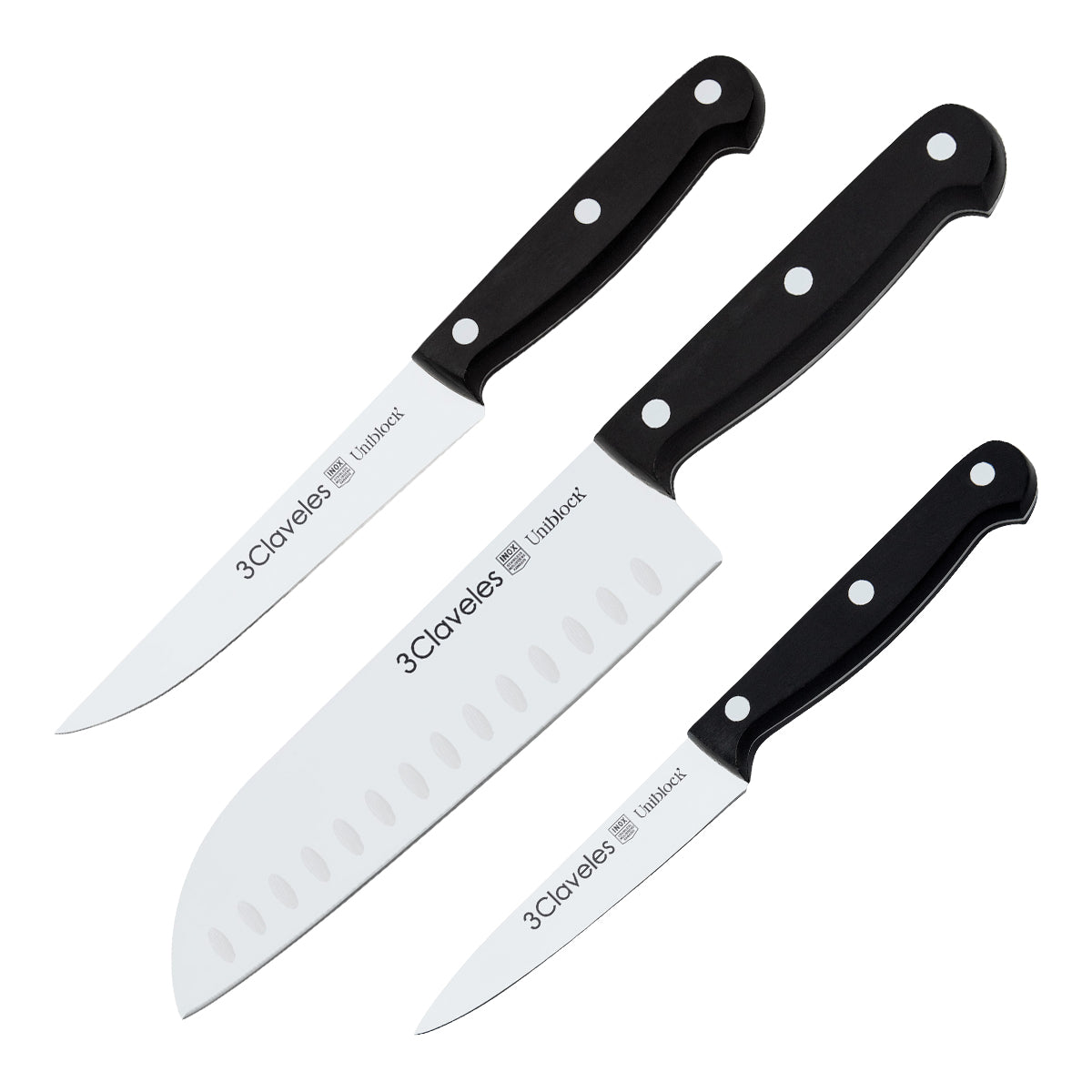 3 Claveles Uniblock - Juego de 3 Cuchillos Profesionales Gama Santoku Mango POM