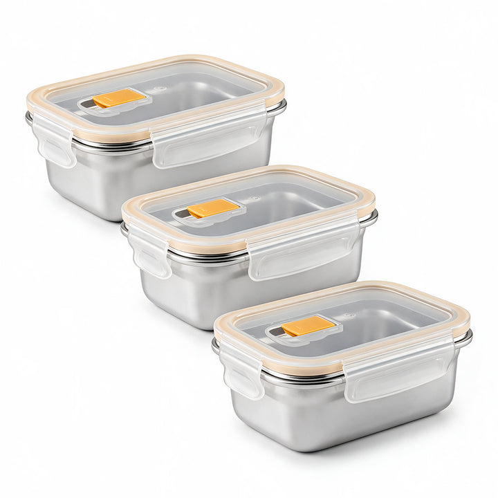 IBILI Keepklin Air Vent - Lote de 3 Recipientes Rectangulares de 0.8L en Acero Inoxidable Aptos Microondas