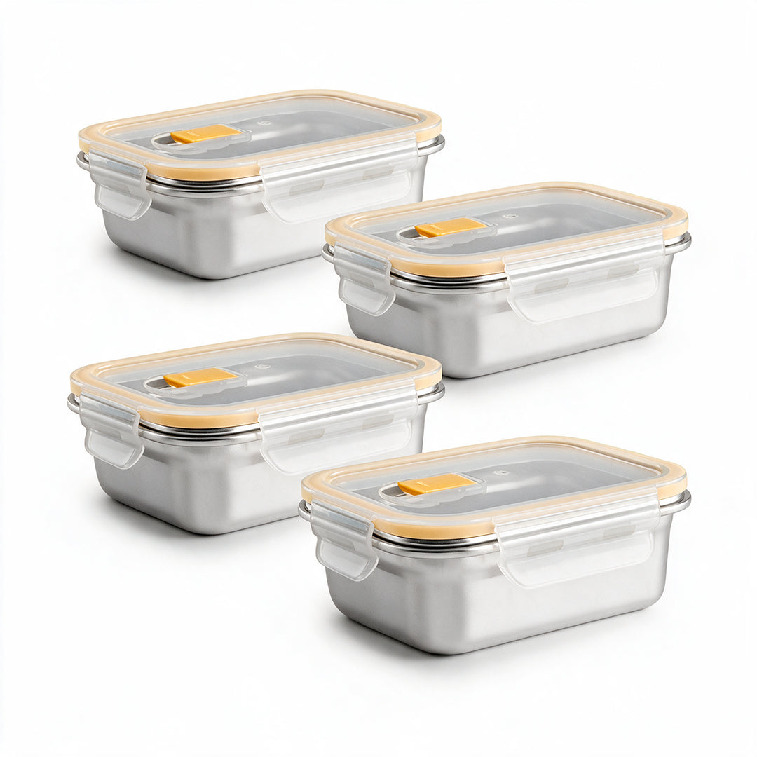IBILI Keepklin Air Vent - Lote de 4 Recipientes Rectangulares de 0.4L en Acero Inoxidable Aptos Microondas