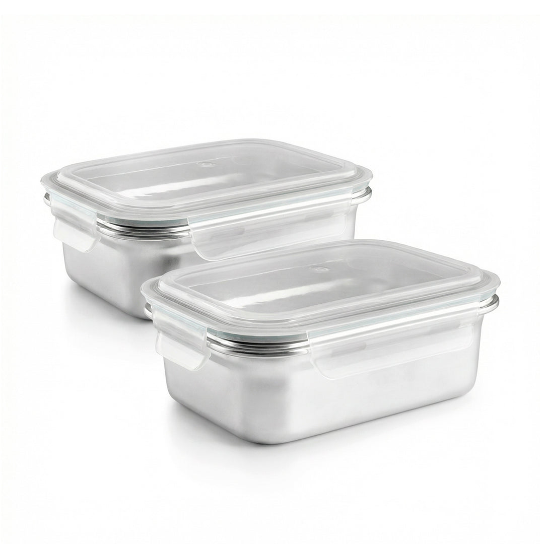 IBILI Keepklin - Lote de 2 Recipientes Rectangulares de 1.2L en Acero Inox. Apto Microondas