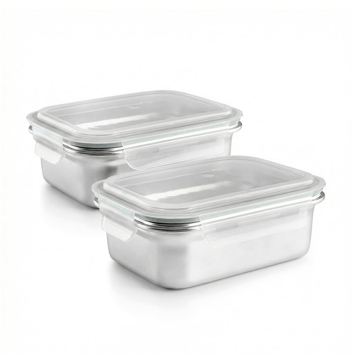 IBILI Keepklin - Lote de 2 Recipientes Rectangulares de 1.2L en Acero Inox. Apto Microondas