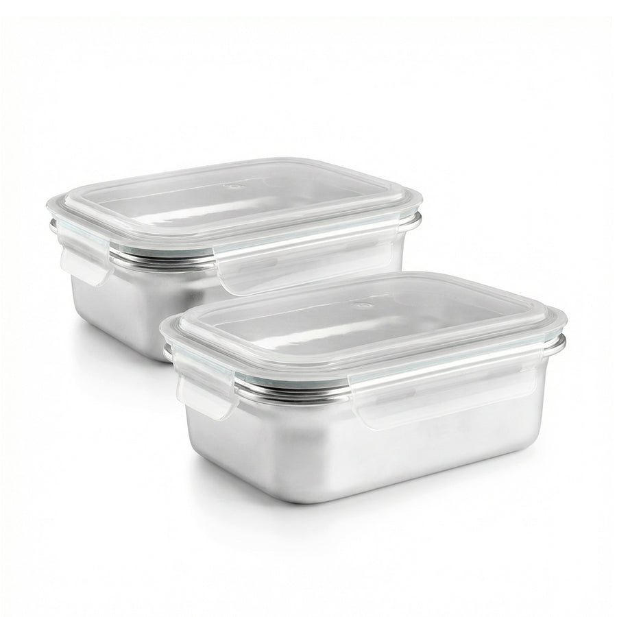 IBILI Keepklin - Lote de 2 Recipientes Rectangulares de 1.2L en Acero Inox. Apto Microondas