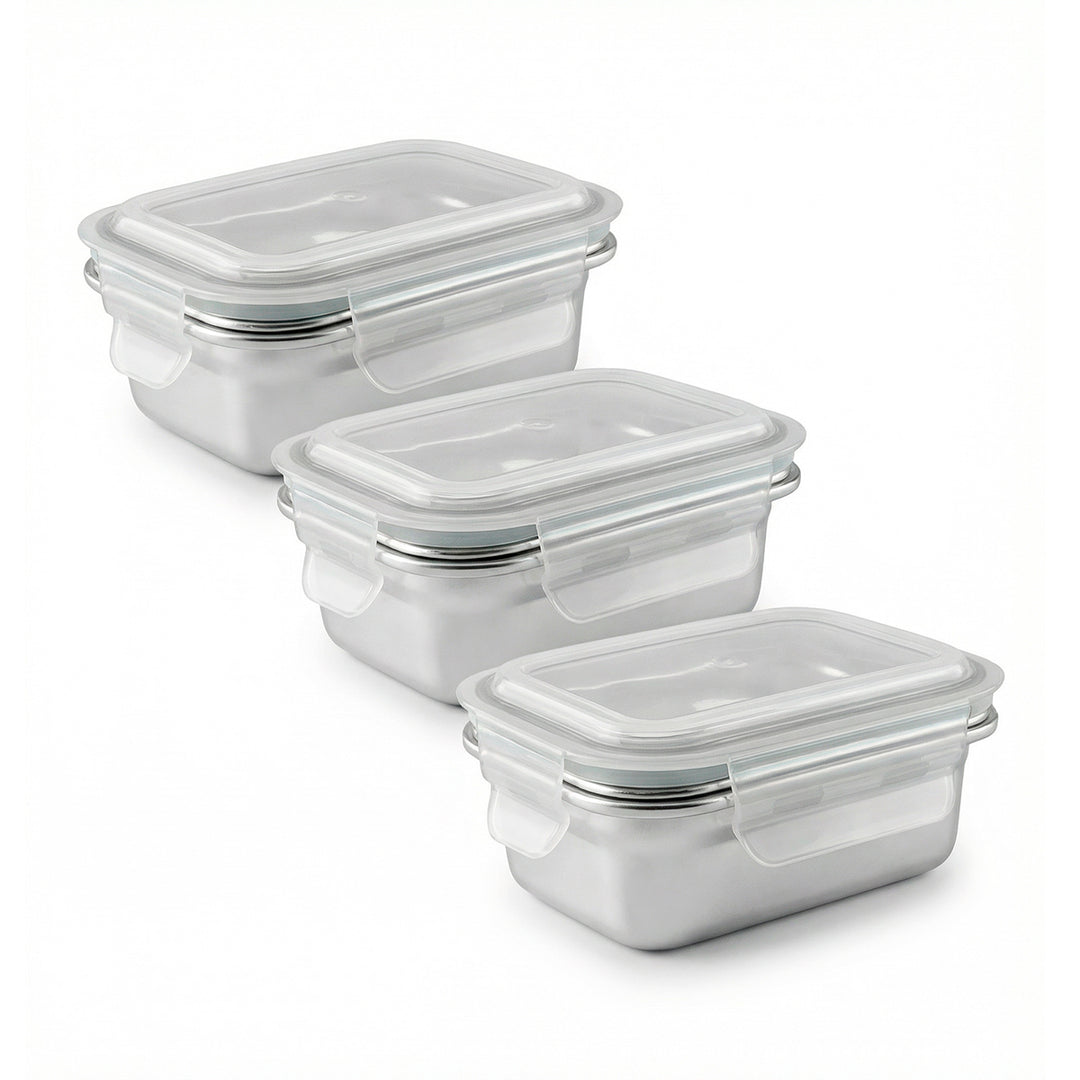 IBILI Keepklin - Lote de 3 Recipientes Rectangulares de 0.6L en Acero Inox. Apto Microondas