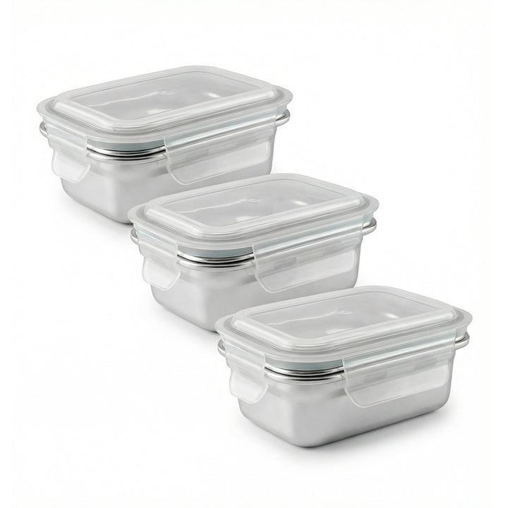 IBILI Keepklin - Lote de 3 Recipientes Rectangulares de 0.6L en Acero Inox. Apto Microondas