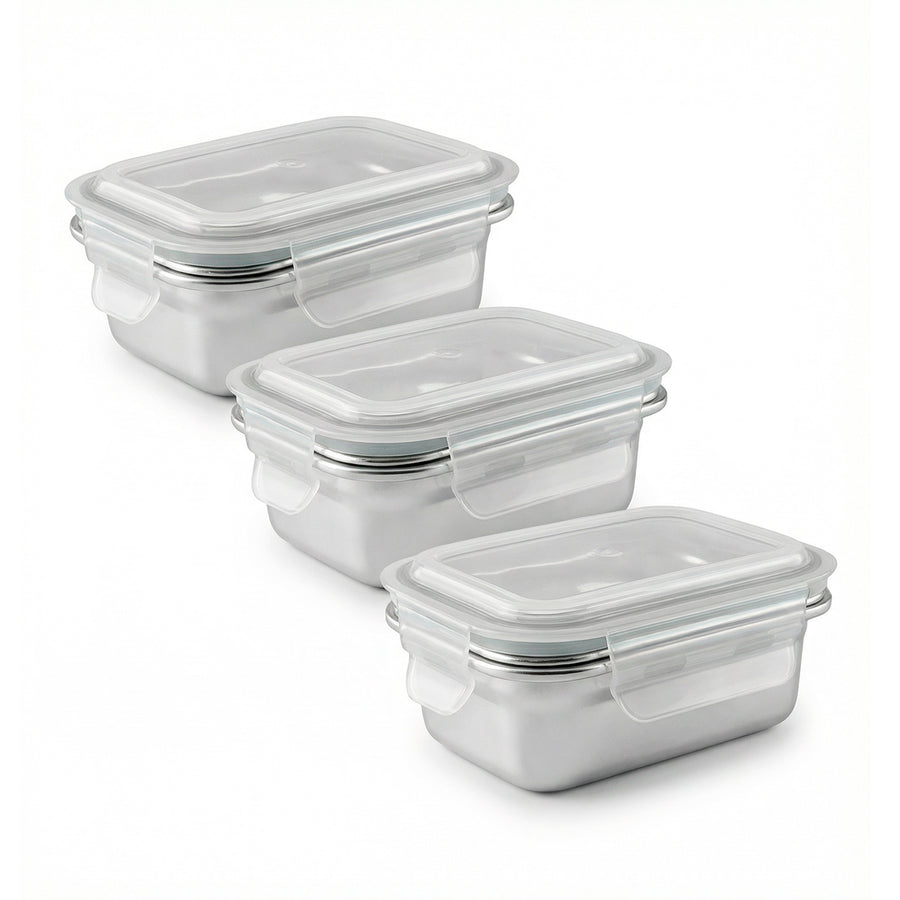 IBILI Keepklin - Lote de 3 Recipientes Rectangulares de 0.6L en Acero Inox. Apto Microondas