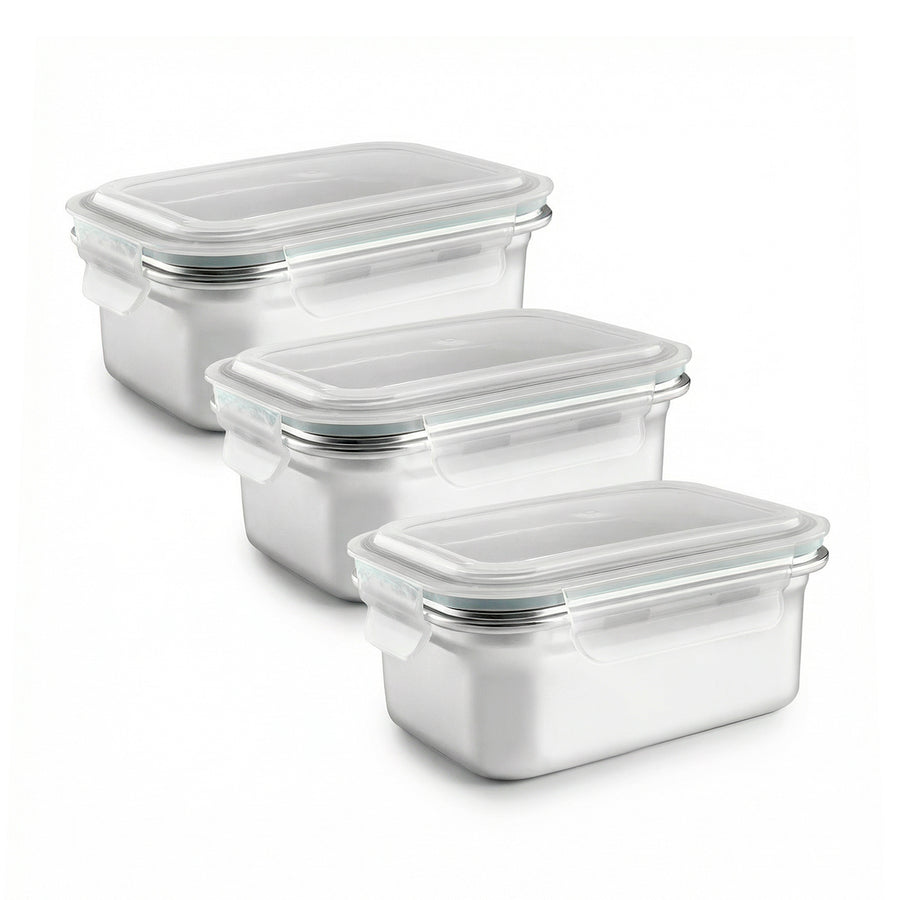 IBILI Keepklin - Lote de 3 Recipientes Rectangulares de 0.8L en Acero Inox. Apto Microondas