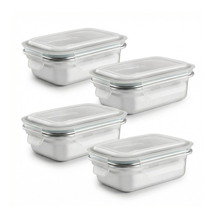 IBILI Keepklin - Lote de 4 Recipientes Rectangulares de 0.4L en Acero Inox. Apto Microondas