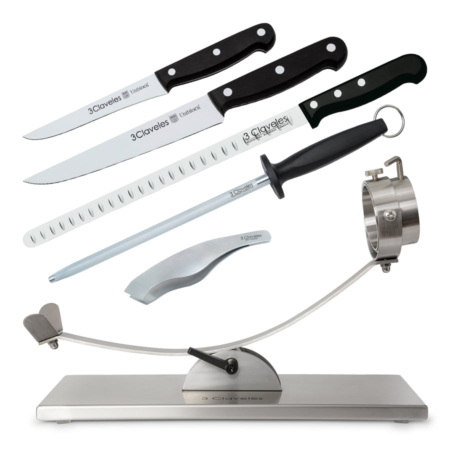 3 Claveles 01743 - Soporte Jamonero Basculante en Acero y Kit de Corte Profesional Uniblock