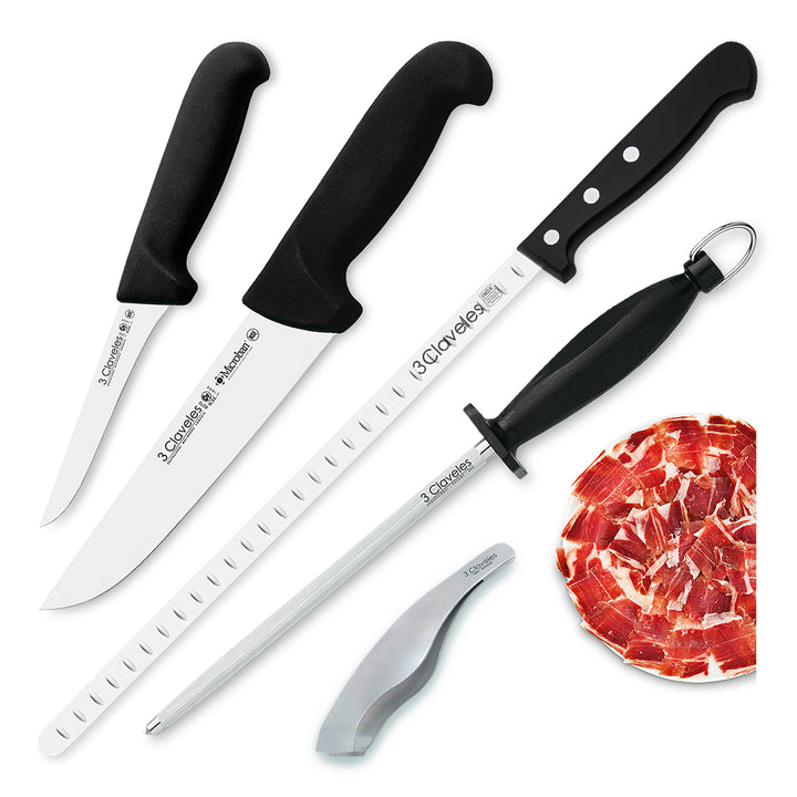 3 Claveles Gourmet - Kit Profesional de Cuchillo Jamonero Deshuesadores Chaira y Pinzas